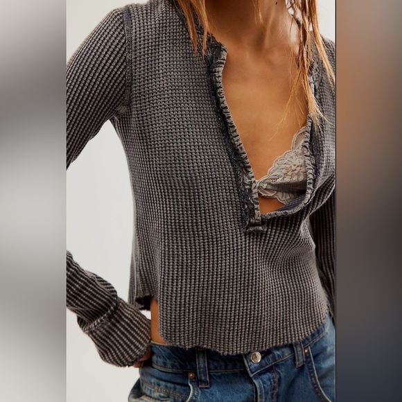 Fp One Tops - NWT Free People Gray Waffle Knit Long Sleeve Top